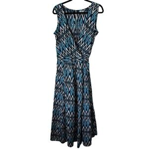 Chai Fashions Victoria Maxi Dress Geometric Blue Cream Women's Size Large